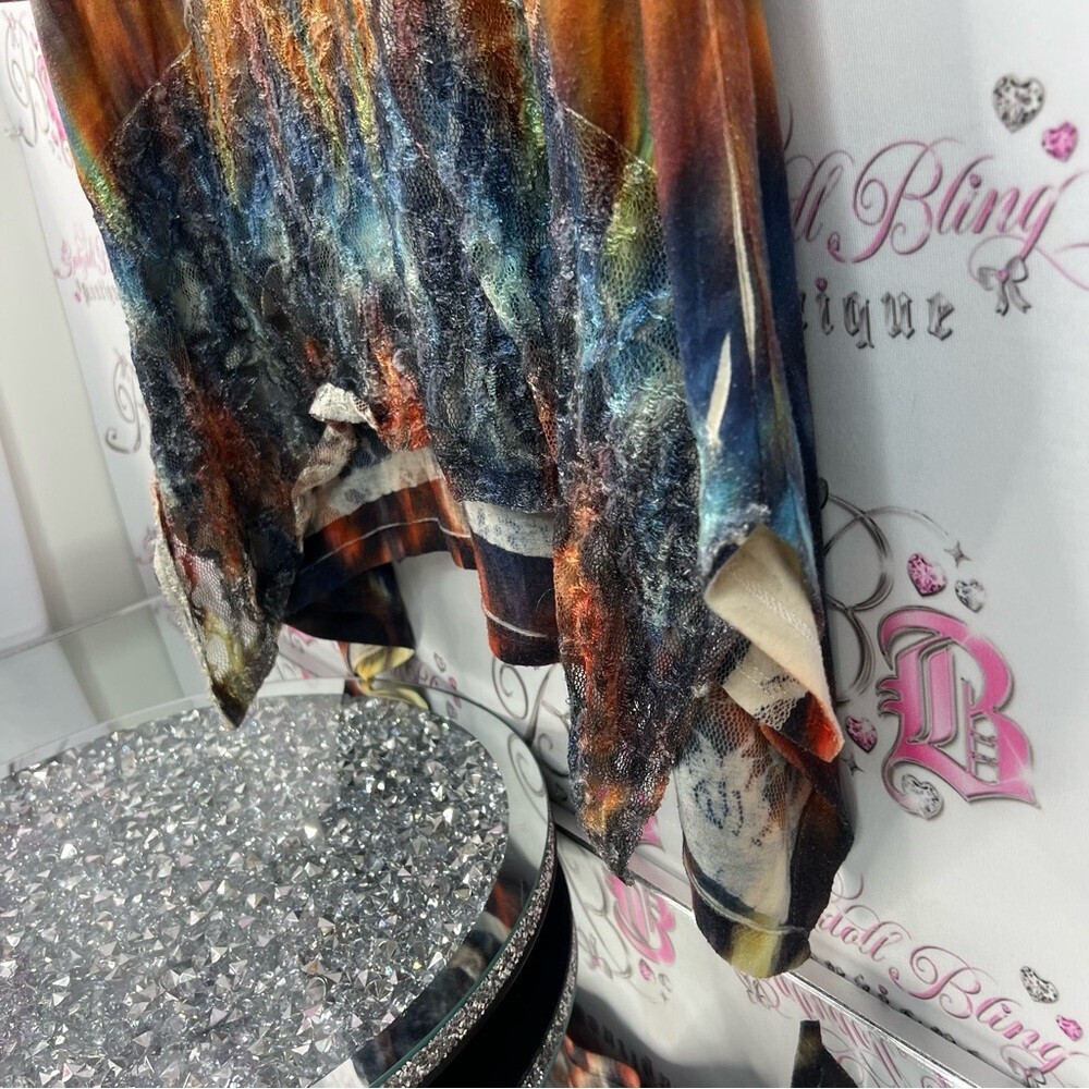 ONE WORLD dress assymetrical hem fairy rhinestone Embellishments tie dye floral - Picture 4 of 15